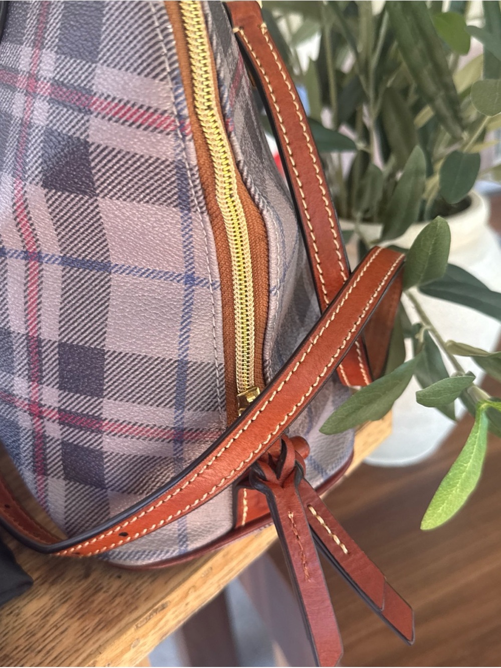 Dooney & Bourke Tiverton Gray Plaid Satchel with Brown Leather Trim. Dust bag. - Picture 8 of 14